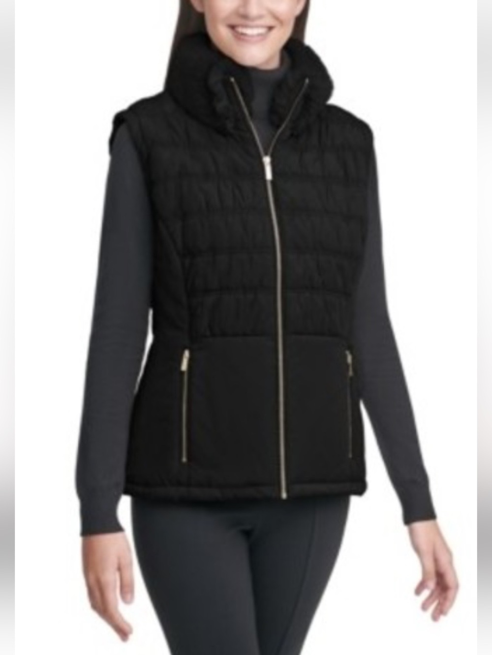 Calvin Klein Black Quilted Vest with Faux Fur Collar. SP